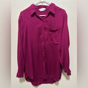 Vintage 90s French Connection Burgundy Rayon Button Down Blouse Size Medium
